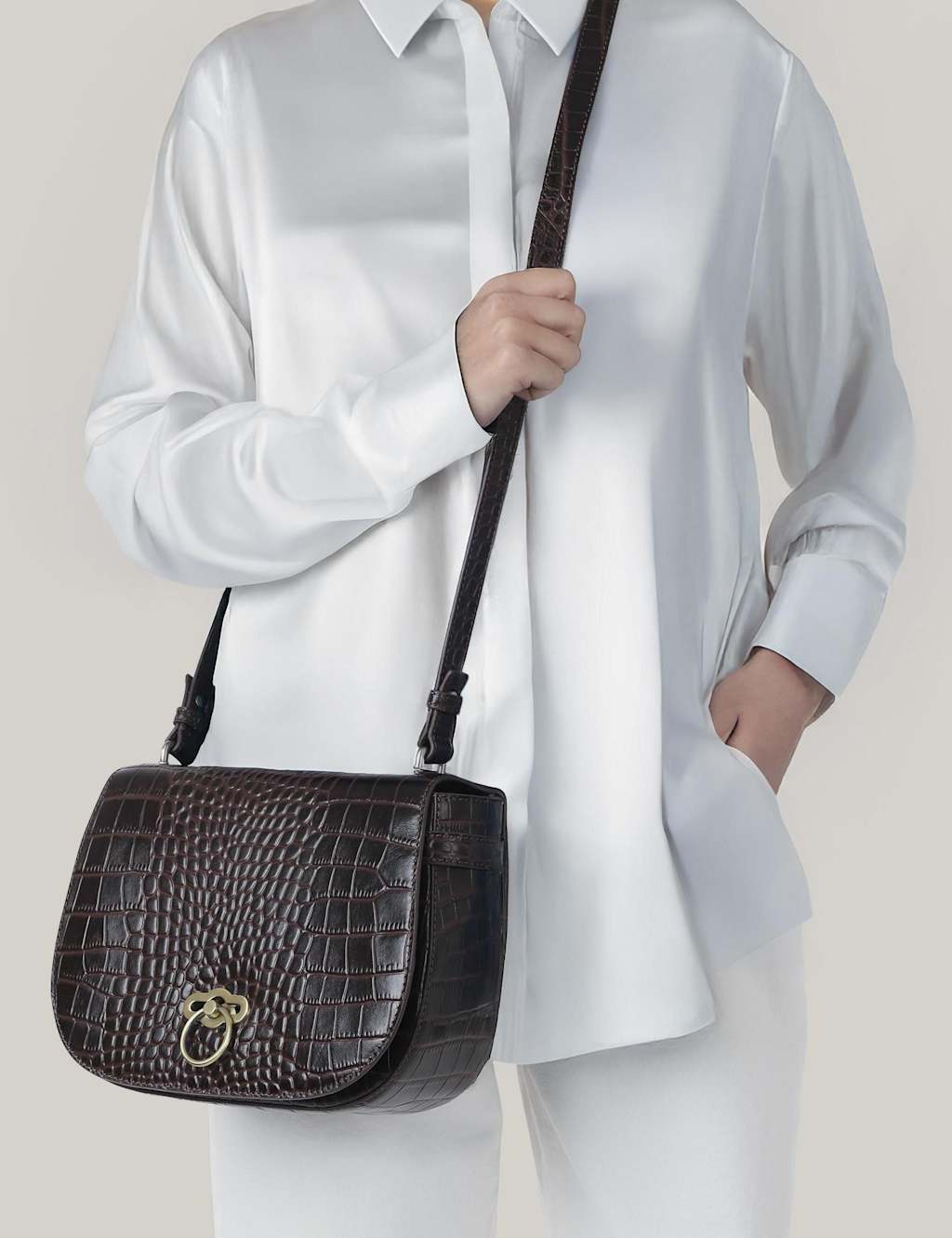 Jones Bootmaker Leather Croc Effect Cross Body Shoulder Bag Brown Mix