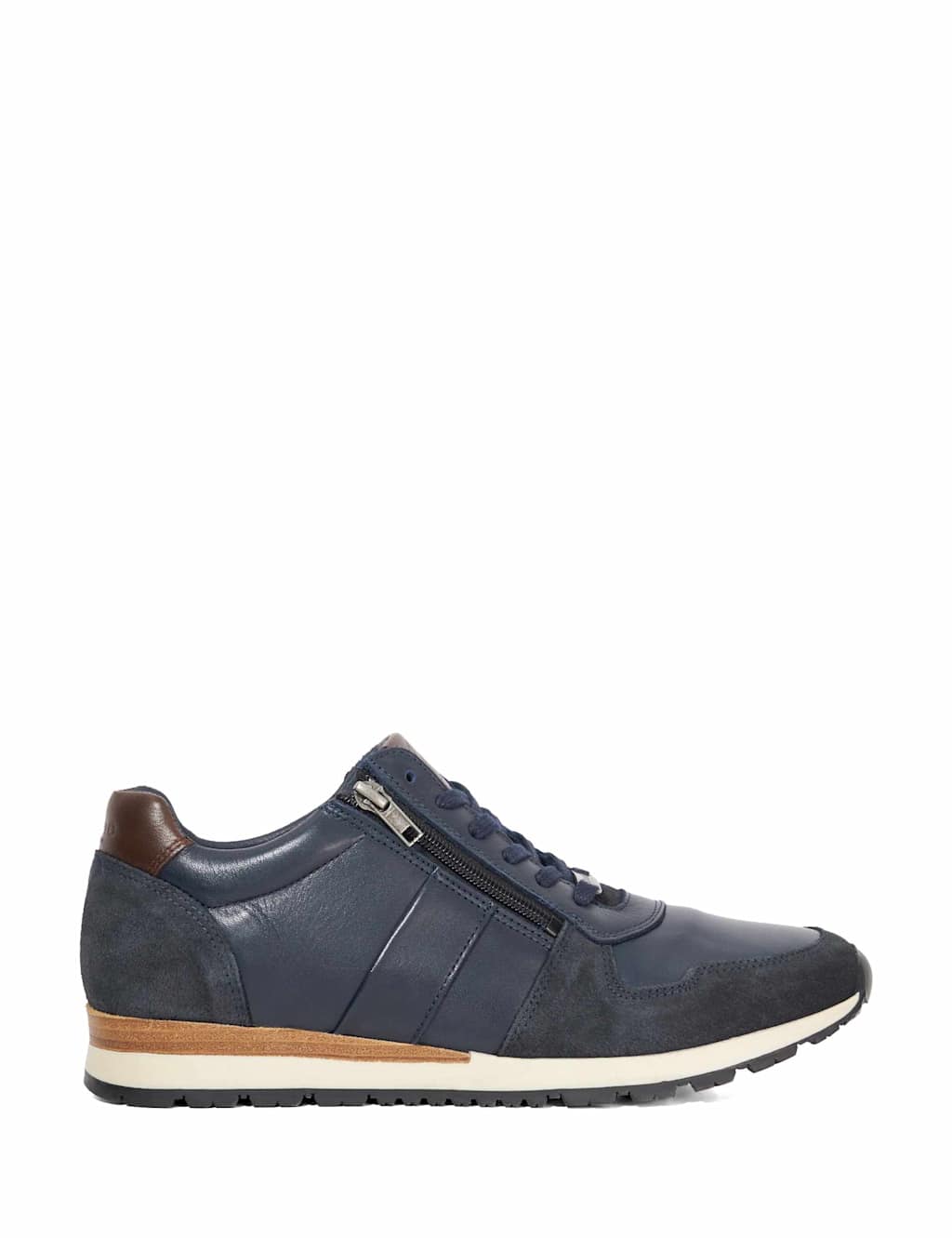 Dune London Wide Fit Leather Lace Up Side Zip Trainers Navy