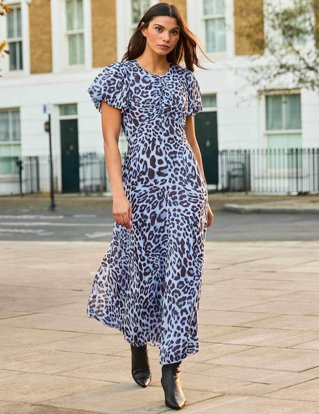 Ro&Zo Women's Leopard Print Button Detail Midaxi Tea Dress - 6 - Light Blue Mix - Available at M&S
