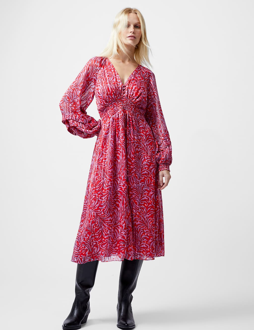 Jacquard V-Neck Midi Waisted Dress