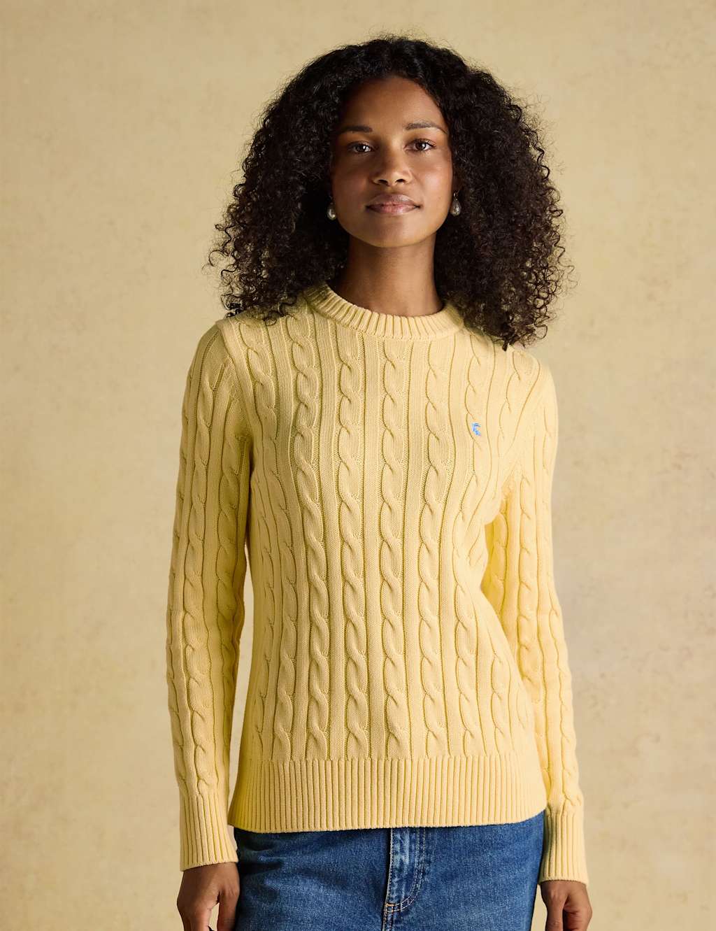 Joules Women's Pure Cotton Cable Knit Crew Neck Jumper - 10 - Yellow Mix - Available at M&S