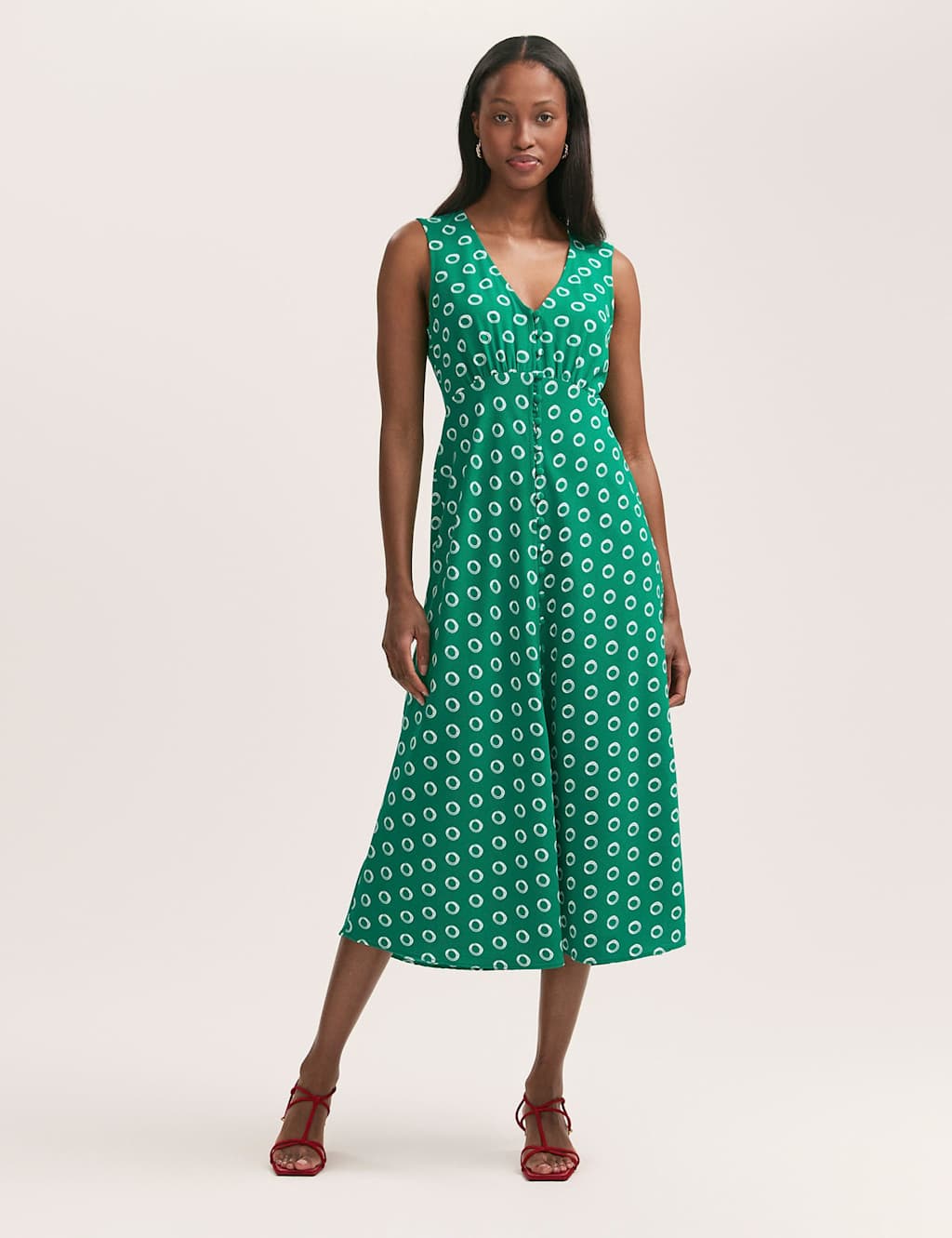 Spot Print V-Neck Midi Tea Dress