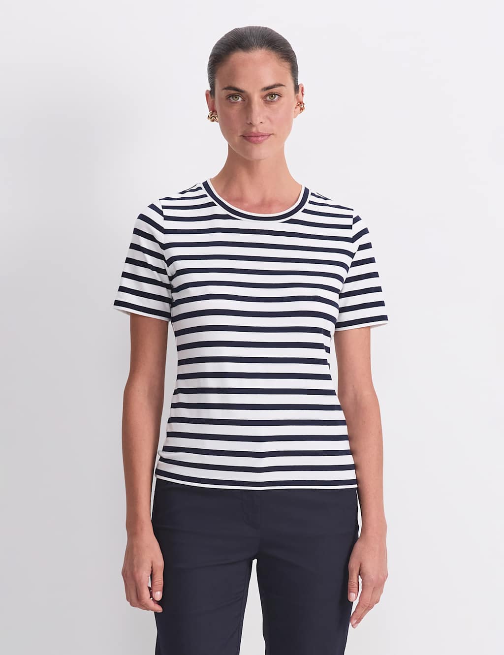 Sportscraft Women's Cotton Rich Striped Crew Neck T-Shirt - Medium - Navy Mix - Available at M&S