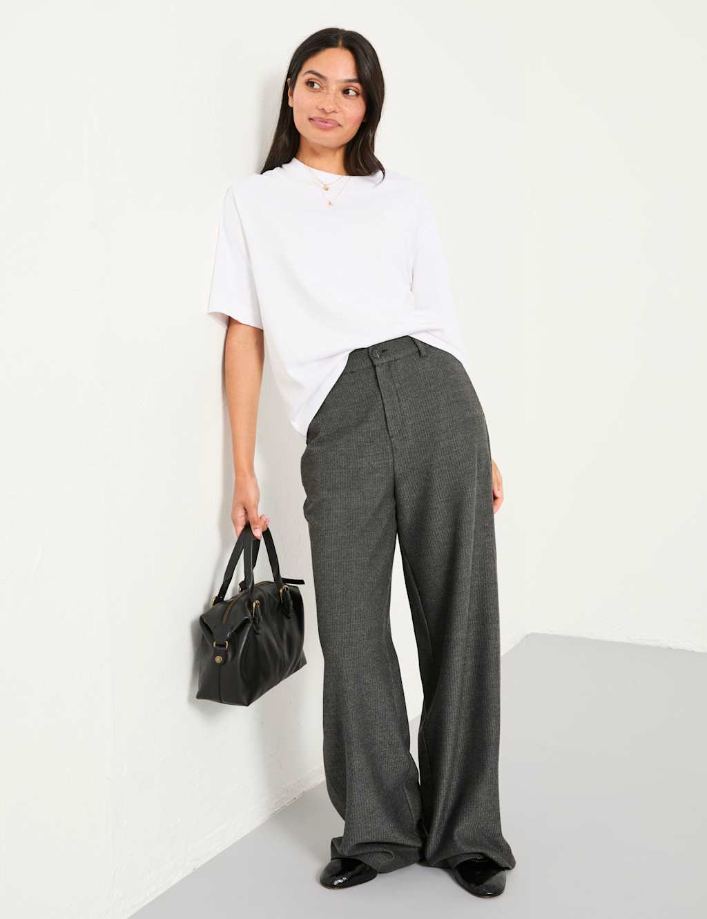 FatFace Checked Wide Leg Trousers Charcoal