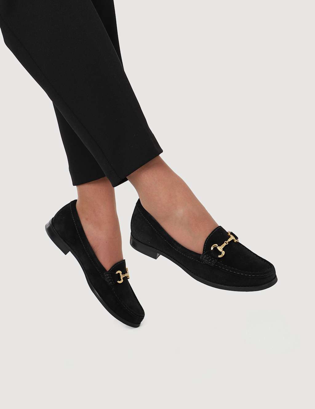 Jones Bootmaker Wide Fit Suede Bar Trim Block Heel Loafers Black Mix