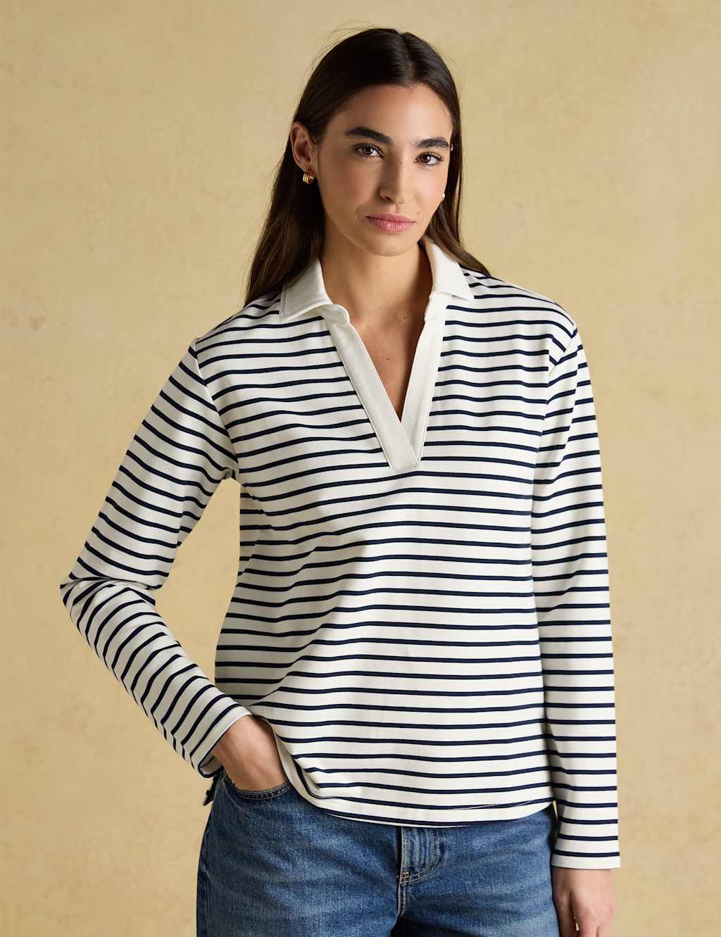 Joules Women's Cotton Rich Striped V-Neck Sweatshirt - 12 - Navy Mix - Available at M&S