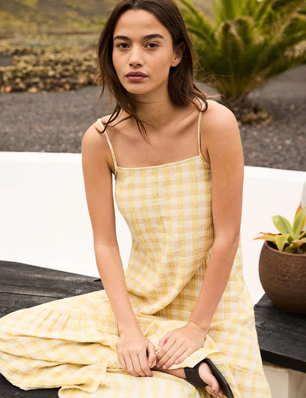 Ro&Zo Women's Cheesecloth Check Midaxi Tiered Dress - 14 - Yellow Mix - Available at M&S