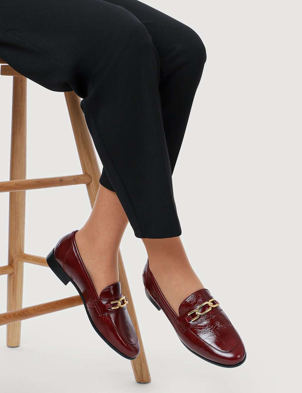 Jones Bootmaker Leather Bar Trim Block Heel Loafers Burgundy Mix