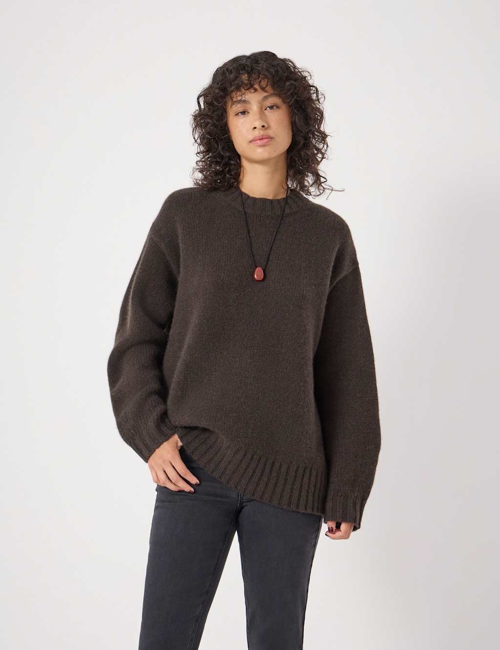 HUSH Pure Cashmere Textured Crew Neck Jumper Dark Brown