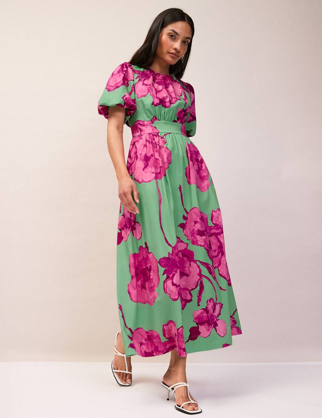 Ro&Zo Women's Cotton Rich Floral Puff Sleeve Midaxi Dress - 10 - Green Mix - Available at M&S