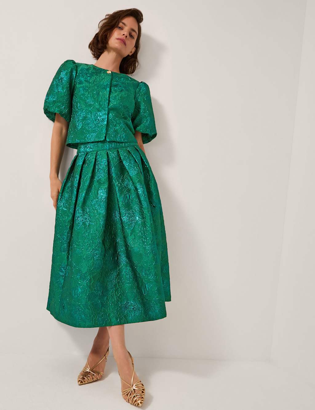 Monsoon Jacquard Pleated Midi Skirt Green