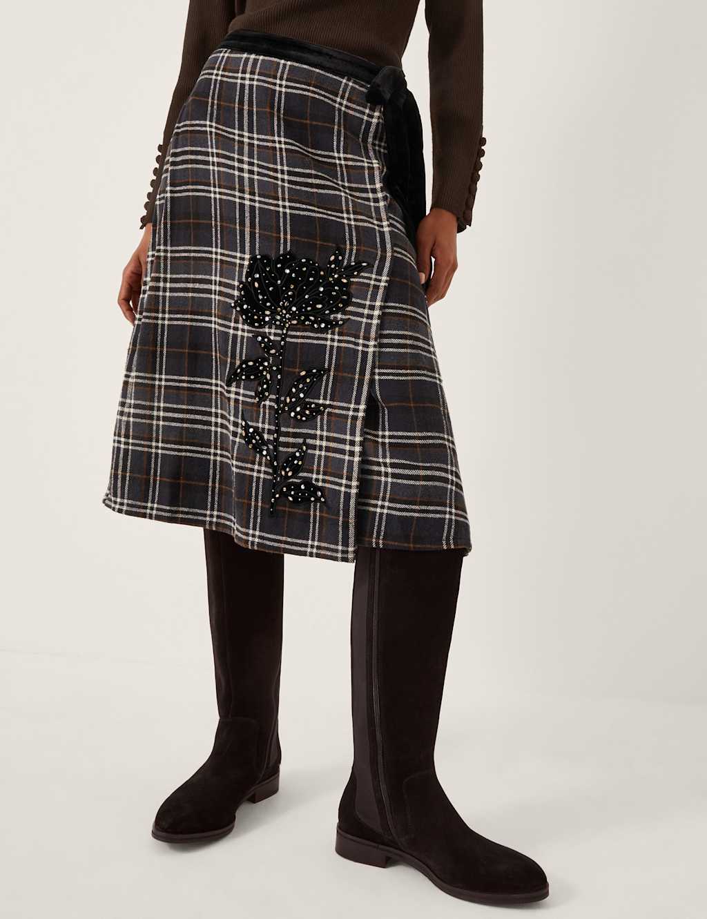 Monsoon Pure Cotton Checked Midi Wrap Skirt Black Mix