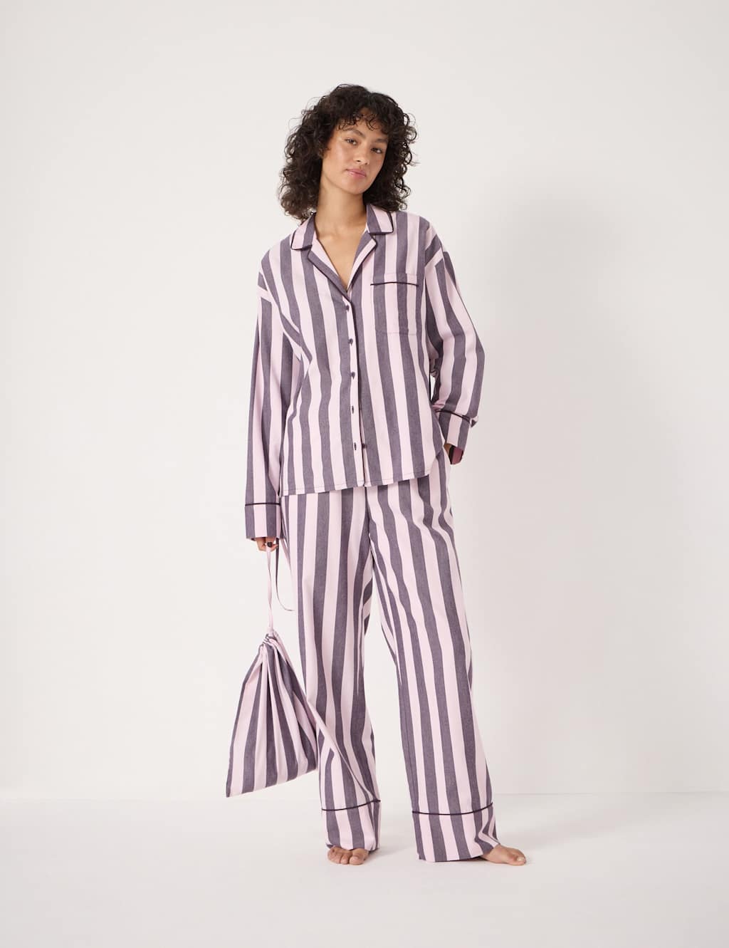 HUSH Brushed Cotton Rich Striped Pyjama Set Purple Mix