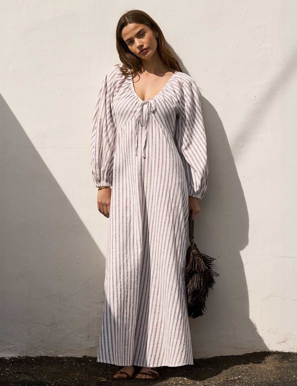 Ro&Zo Women's Pure Cotton Striped Tie Neck Maxi Dress - 6 - Brown Mix - Available at M&S