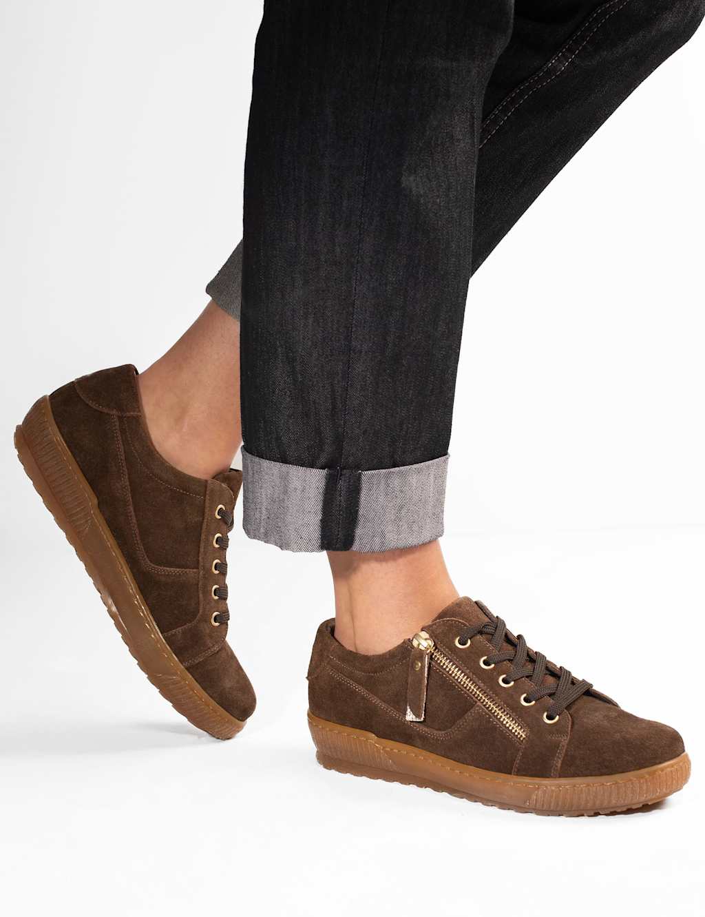 Jones Bootmaker Women's Wide Fit Leather Metallic Side Zip Trainers - 6 - Chocolate - Available at M&S