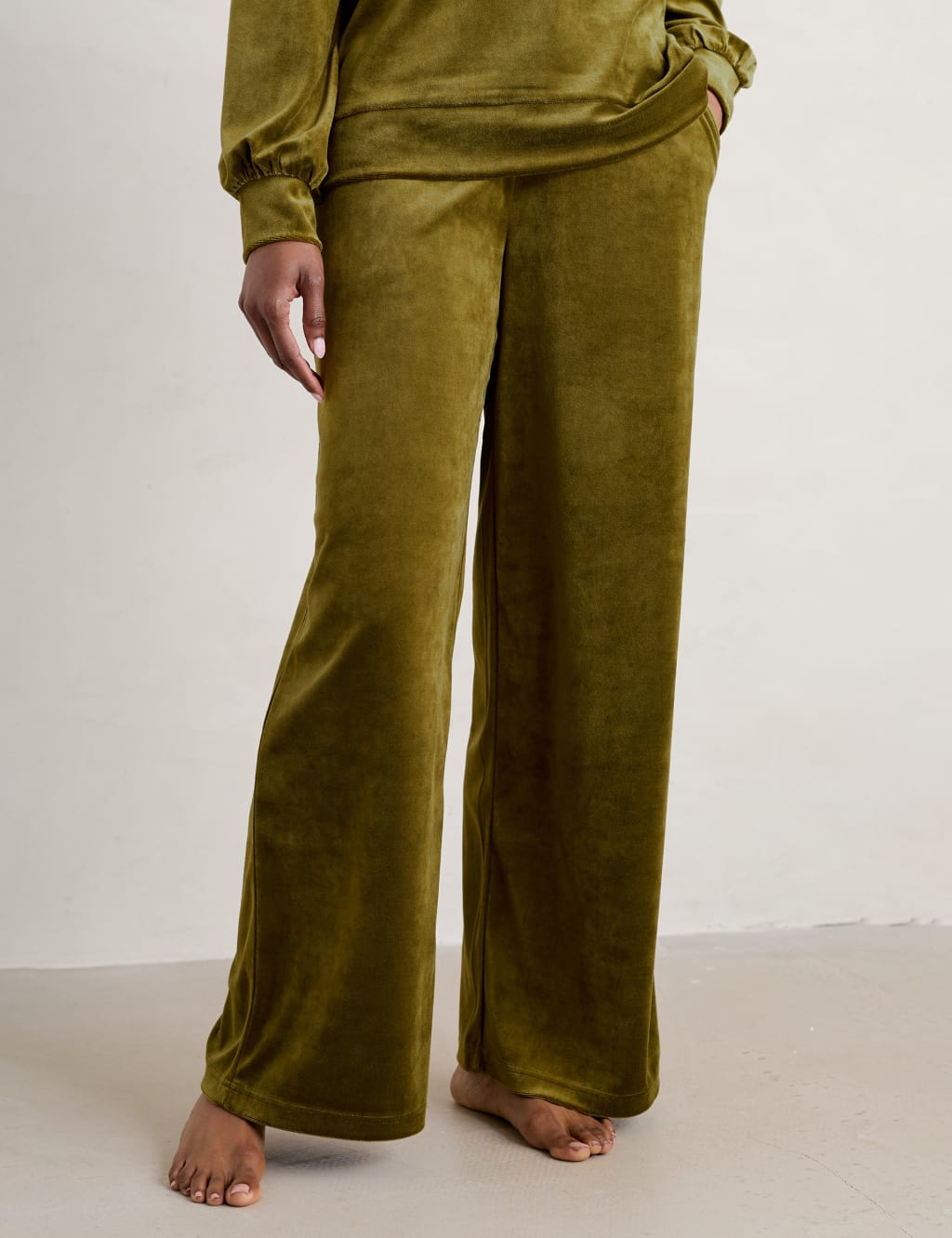 Seasalt Cornwall Velour Drawstring Wide Leg Trousers Olive