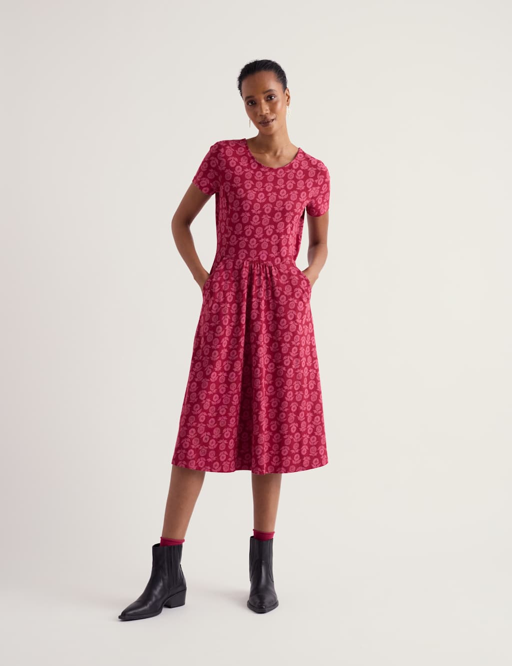 Seasalt Cornwall Women's Jersey Floral Midi Skater Dress - 16 - Red Mix - Available at M&S