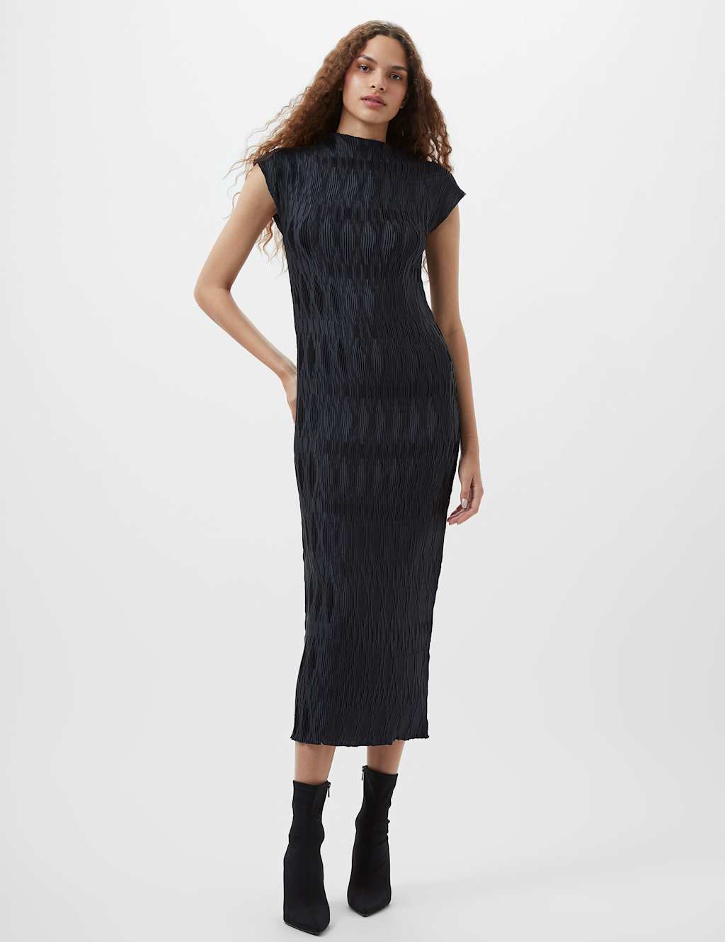 Plisse High Neck Midi Column Dress