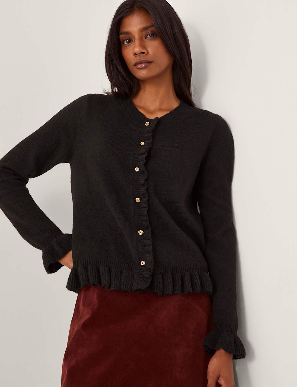 Monsoon Ruffle Crew Neck Cardigan With Wool Black