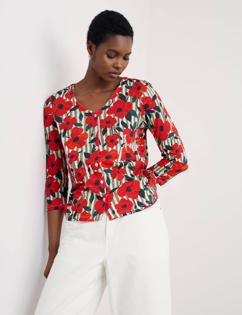 Seasalt Cornwall Pure Cotton Floral Striped Relaxed Top Red Mix