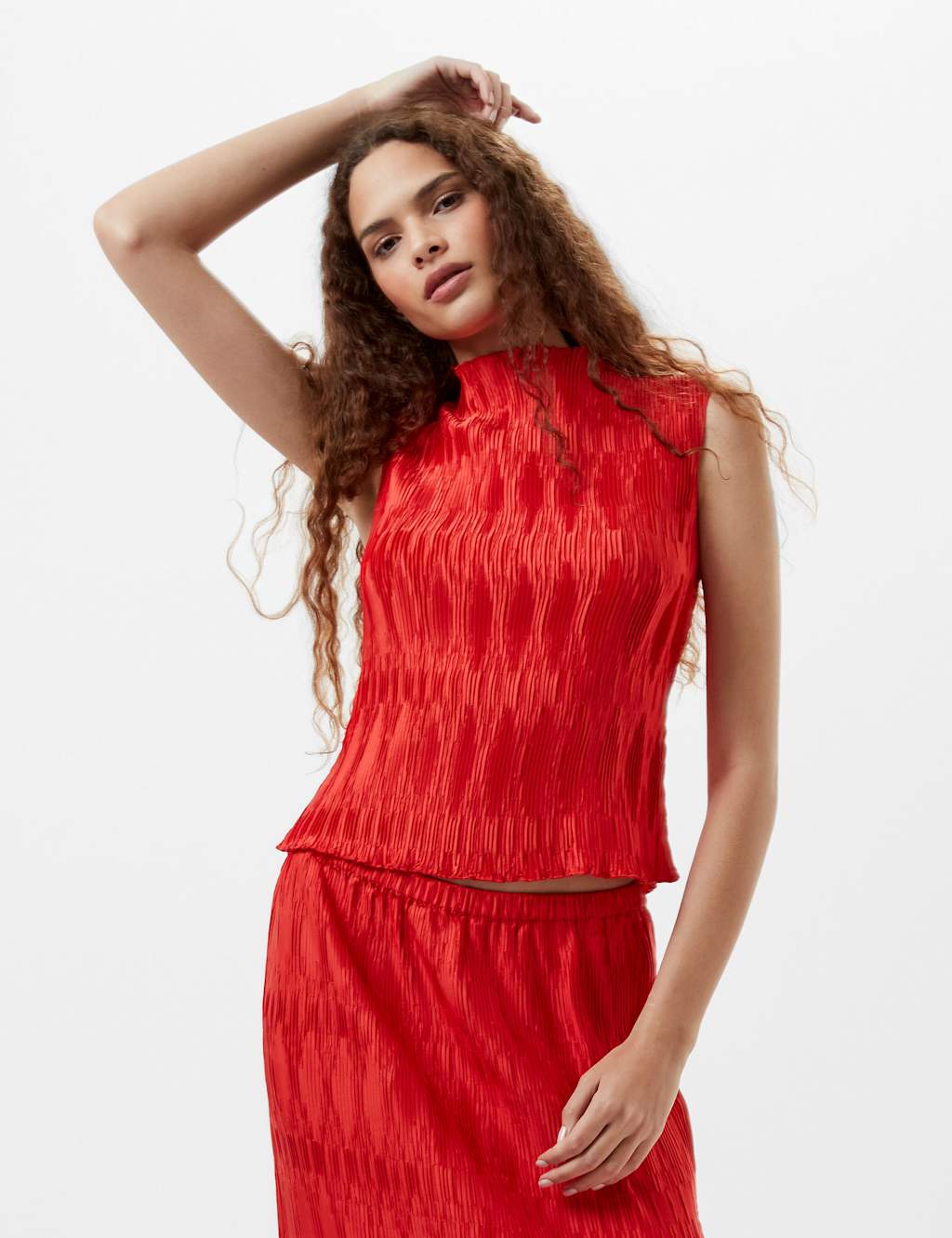 Pleated High Neck Sleeveless Top