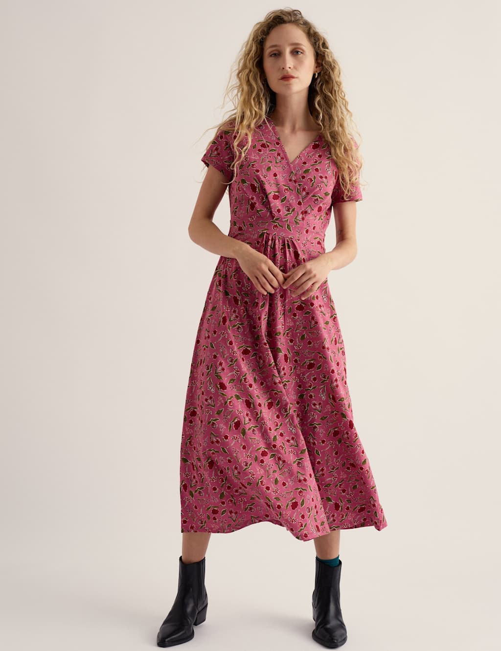 Seasalt Cornwall Women's Pure Cotton Floral V-Neck Midi Wrap Dress - 12 - Pink Mix - Available at M&S