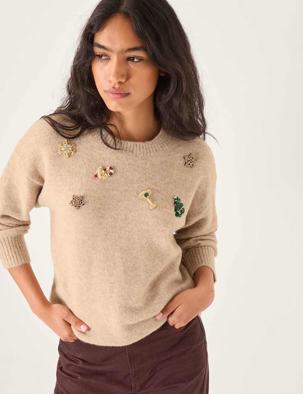 Monsoon Embroidered Christmas Crew Neck Jumper Camel