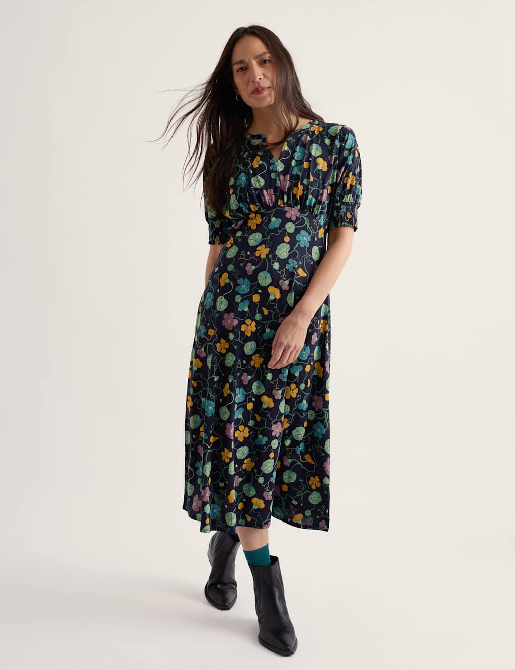 Seasalt Cornwall Women's Cotton Modal Floral Notch Neck Midi Tea Dress - 10 - Multi - Available at M&S