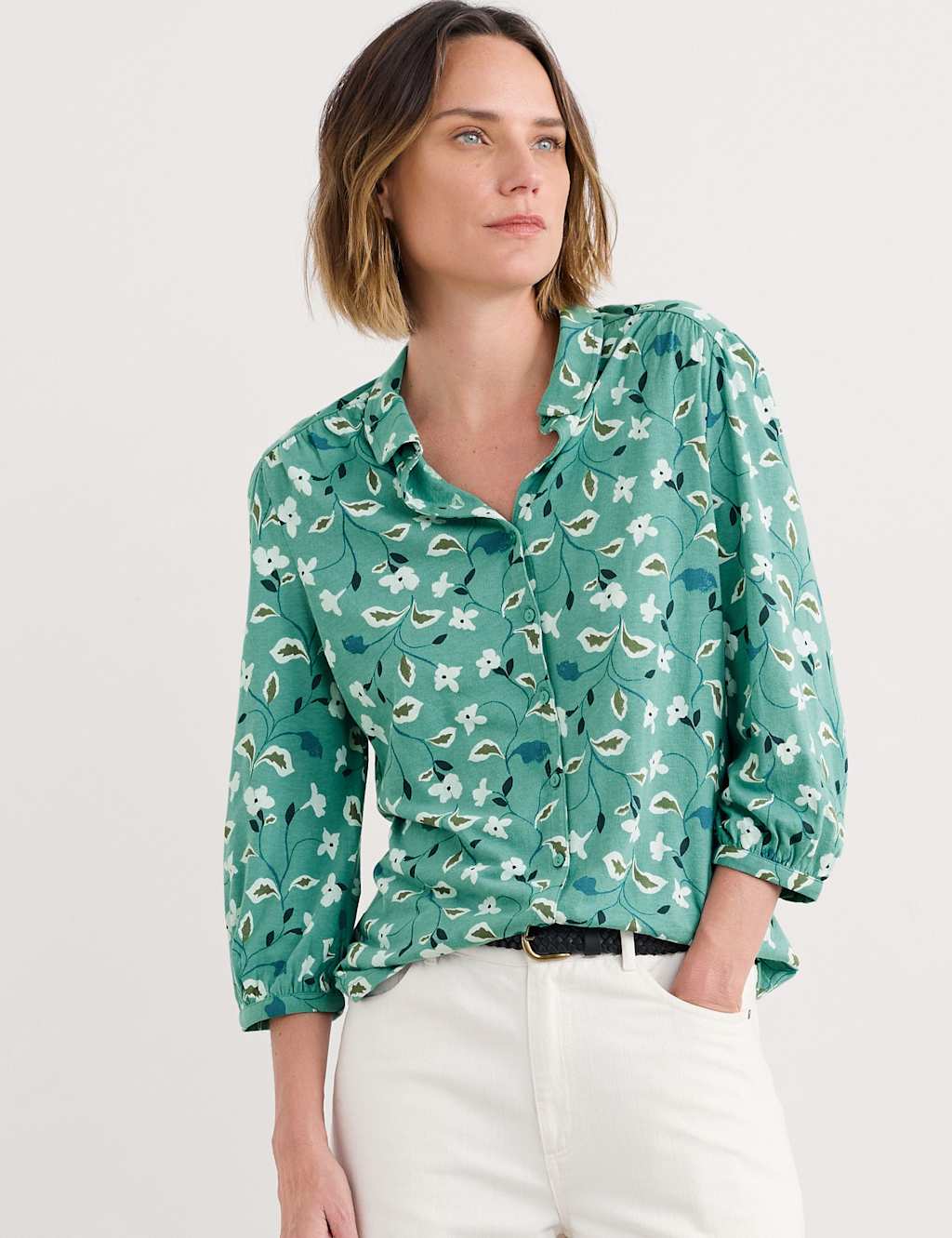 Seasalt Cornwall Cotton Rich Floral Shirt Green Mix
