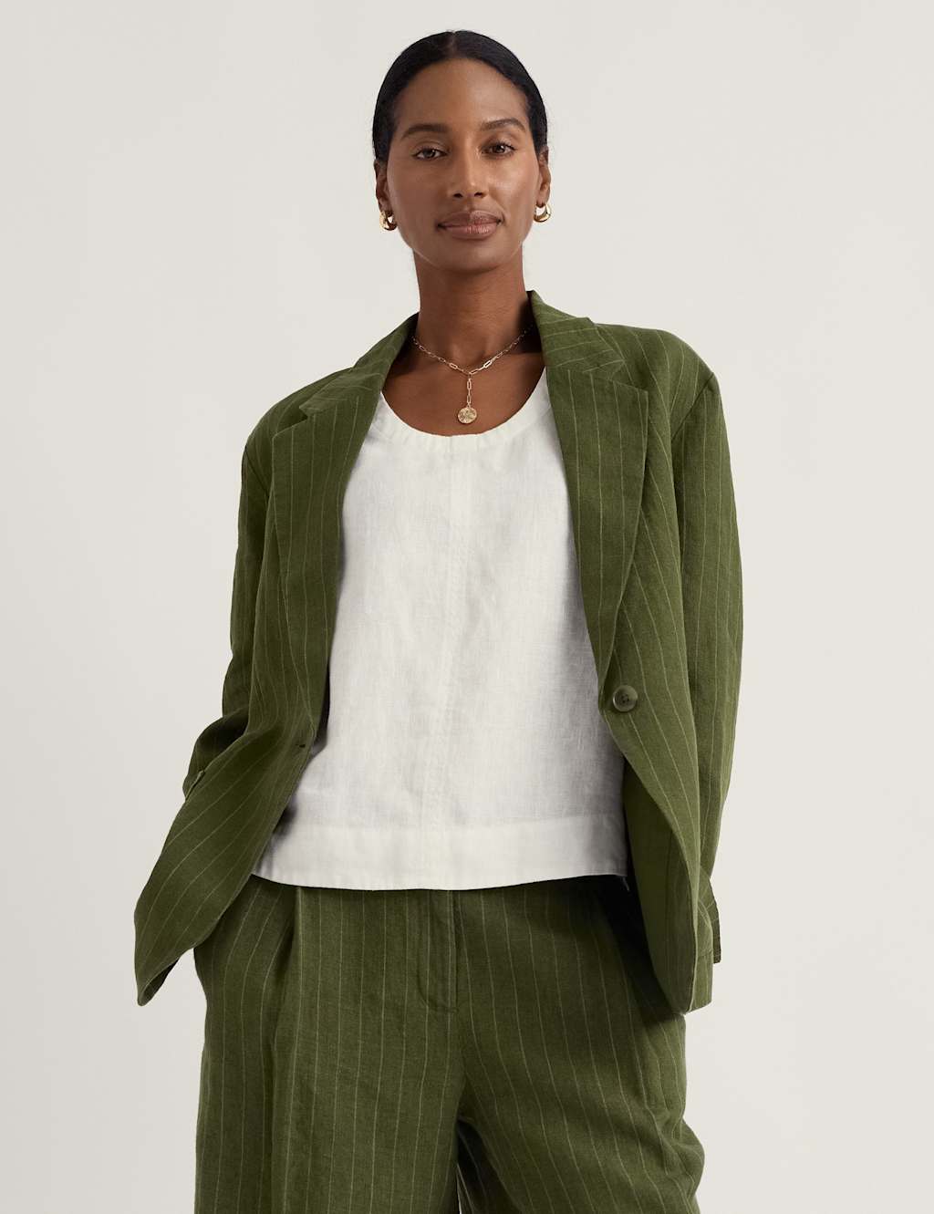 Seasalt Cornwall Women's Pure Linen Striped Single Breasted Blazer - 14 - Green Mix - Available at M&S