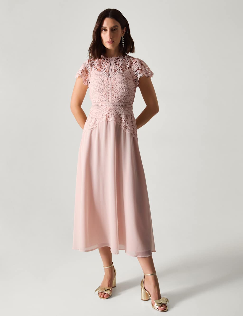 Monsoon Women's Lace Midi Waisted Dress - 14 - Soft Pink - Available at M&S