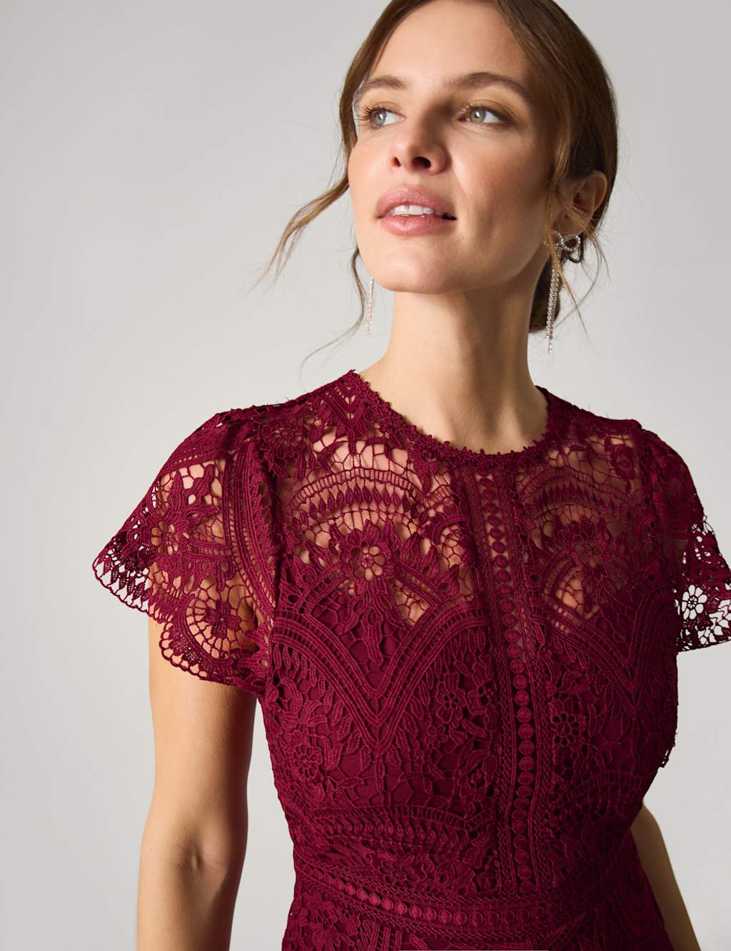 Monsoon Women's Lace Midi Waisted Dress - 8 - Burgundy - Available at M&S