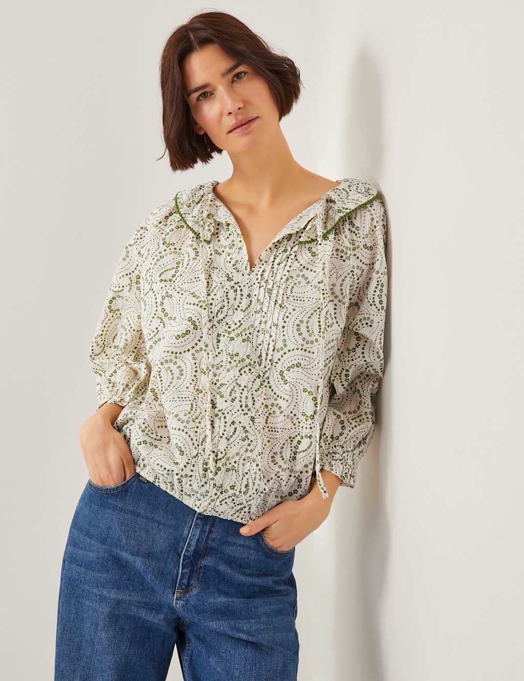 Pure Cotton Printed Pleated Tie Neck Blouse