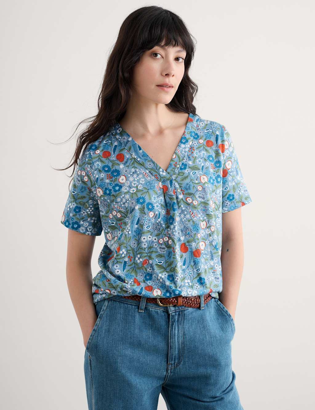 Seasalt Cornwall Women's Pure Cotton Floral Top - 12 - Blue Mix, Blue Mix