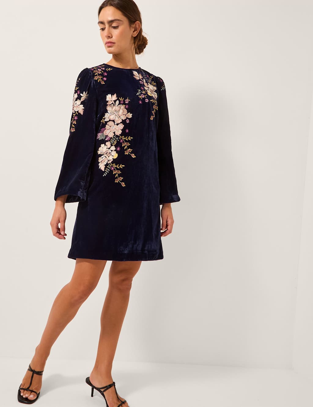 Monsoon Velvet Embroidered Shift Dress Navy