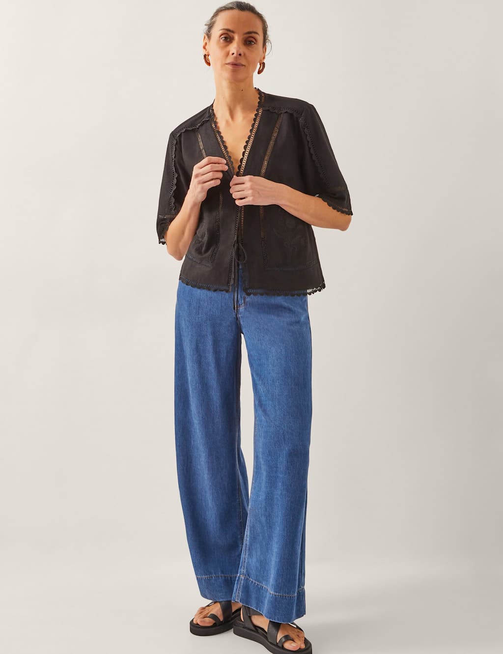Broderie Tie Neck Blouse with Linen