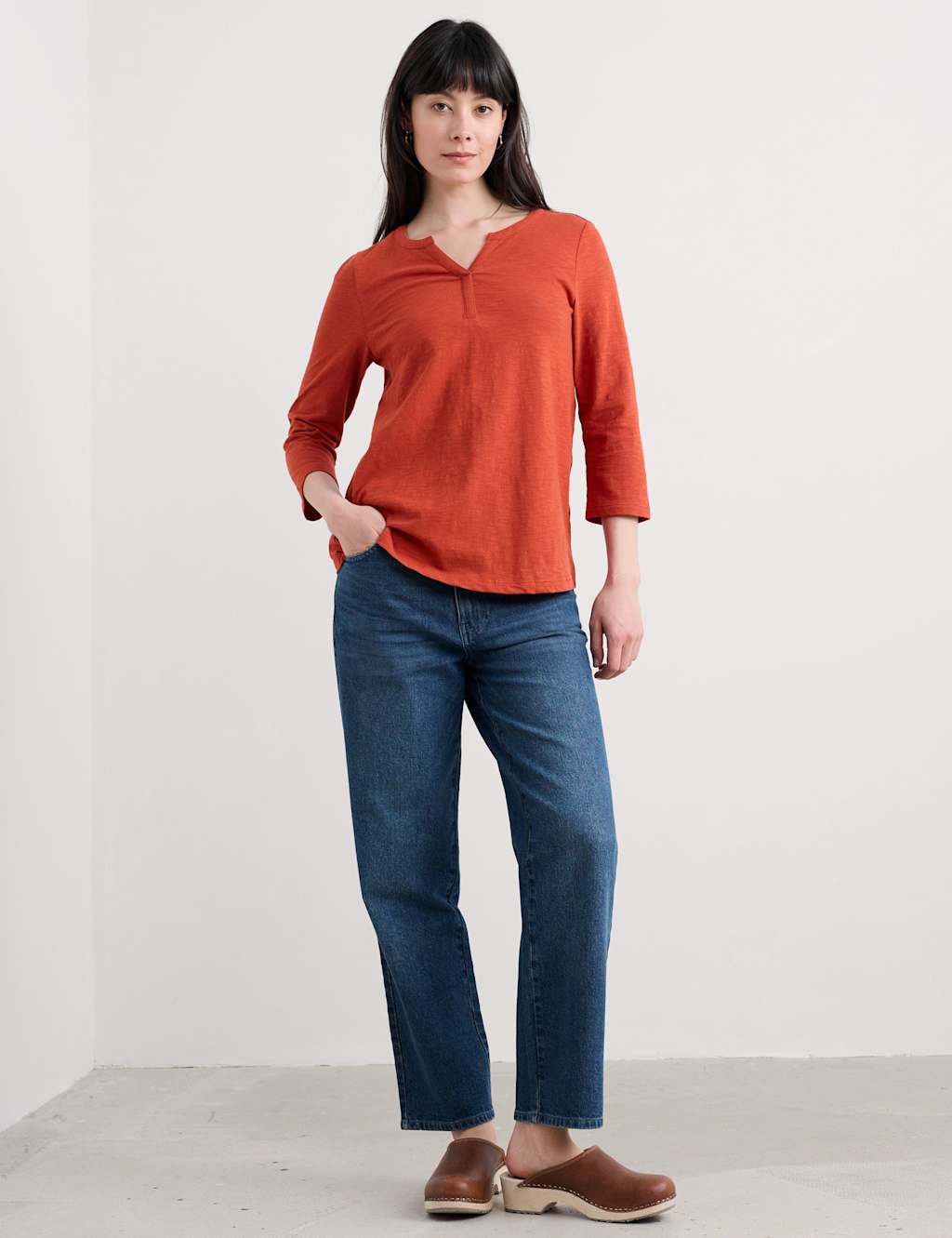 Seasalt Cornwall Women's Cotton V-Neck 3/4 Sleeve Carylon Top - 14 - Orange, Navy,Orange,White