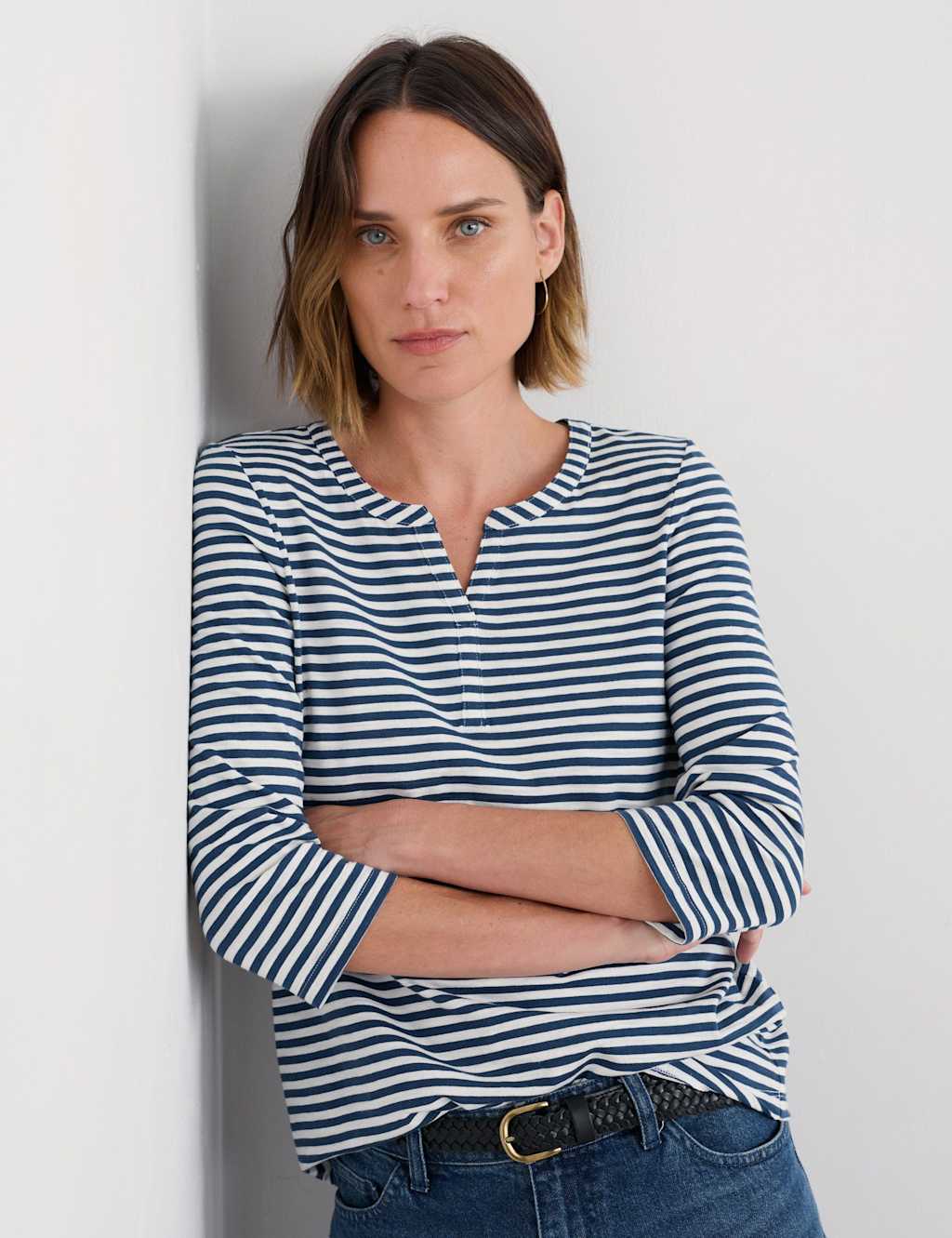 Seasalt Cornwall Pure Cotton Striped Notch Neck Top Navy Mix