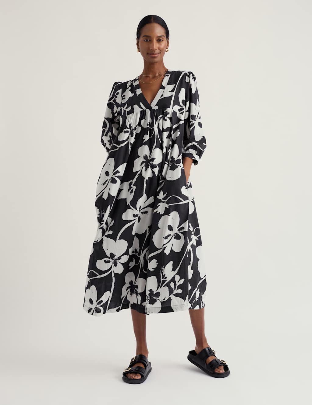 Seasalt Cornwall Women's Pure Cotton Floral V-Neck Midi Smock Dress - 12 - Navy Mix - Available at M&S
