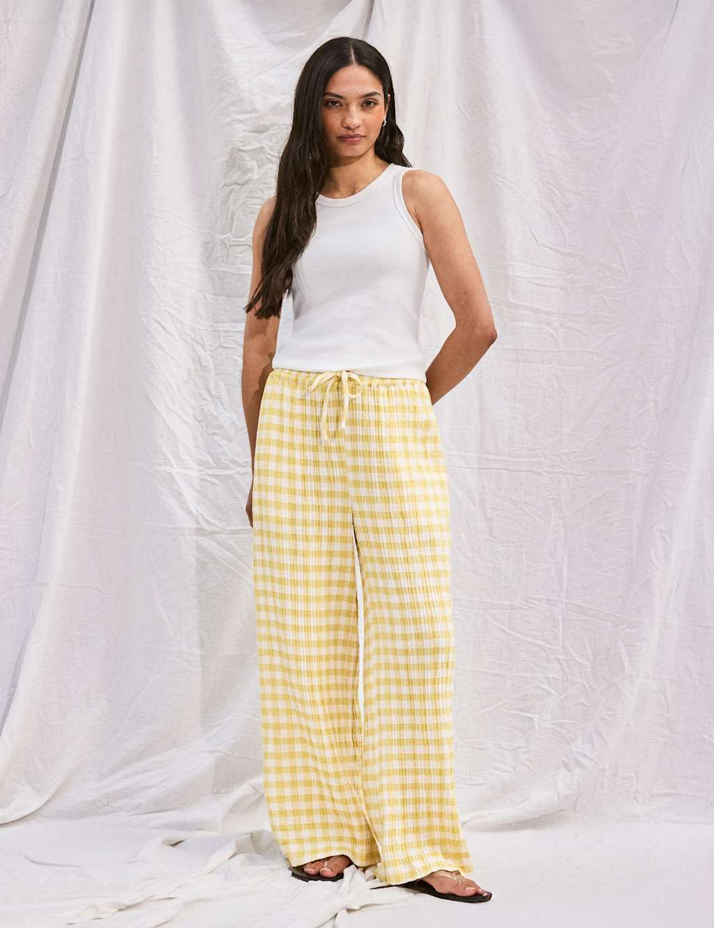 Ro&Zo Women's Cheesecloth Check Drawstring Wide Leg Trousers - 12 - Yellow Mix - Available at M&S