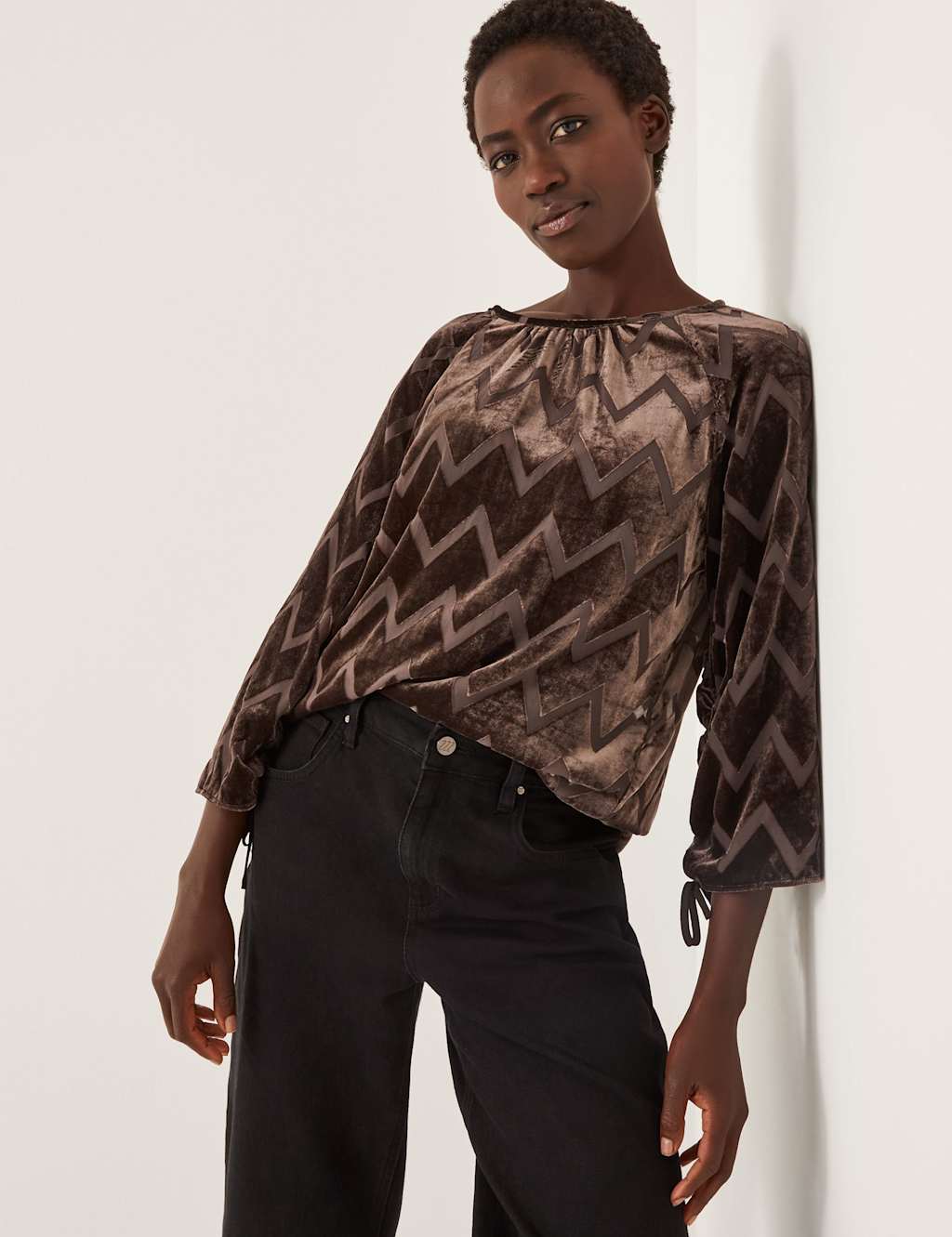 Monsoon Velvet Geometric Blouse Chocolate
