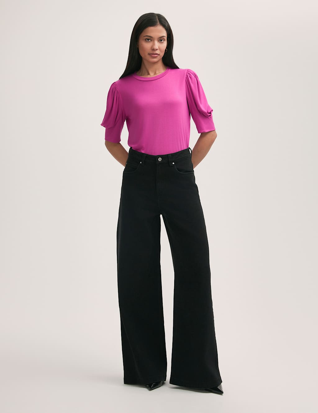 Jersey Draped Gathered Puff Sleeve Top