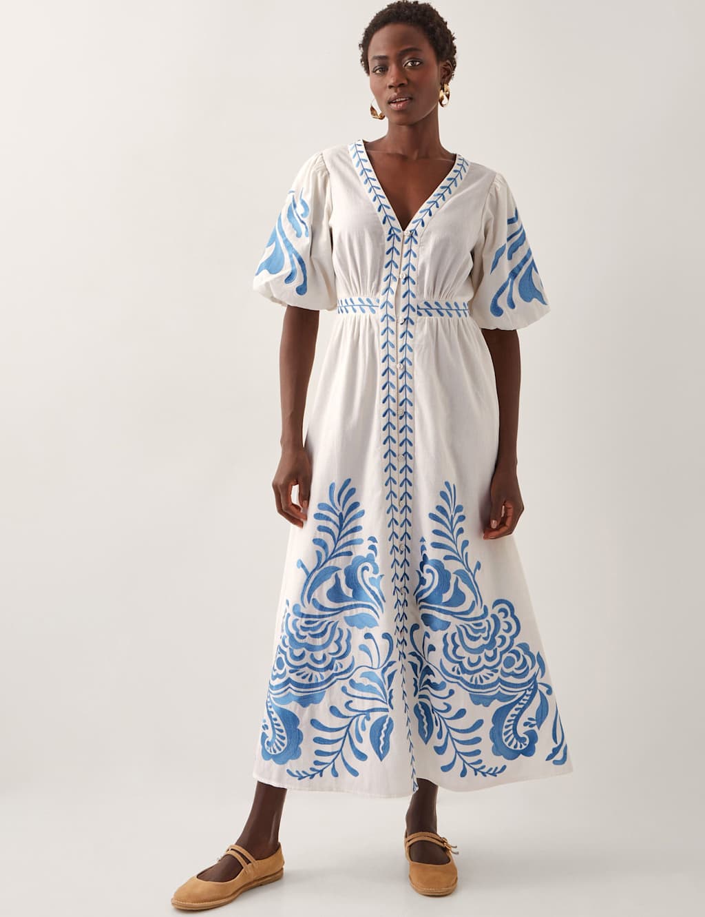 Cotton Rich Embroidered Midi Waisted Dress