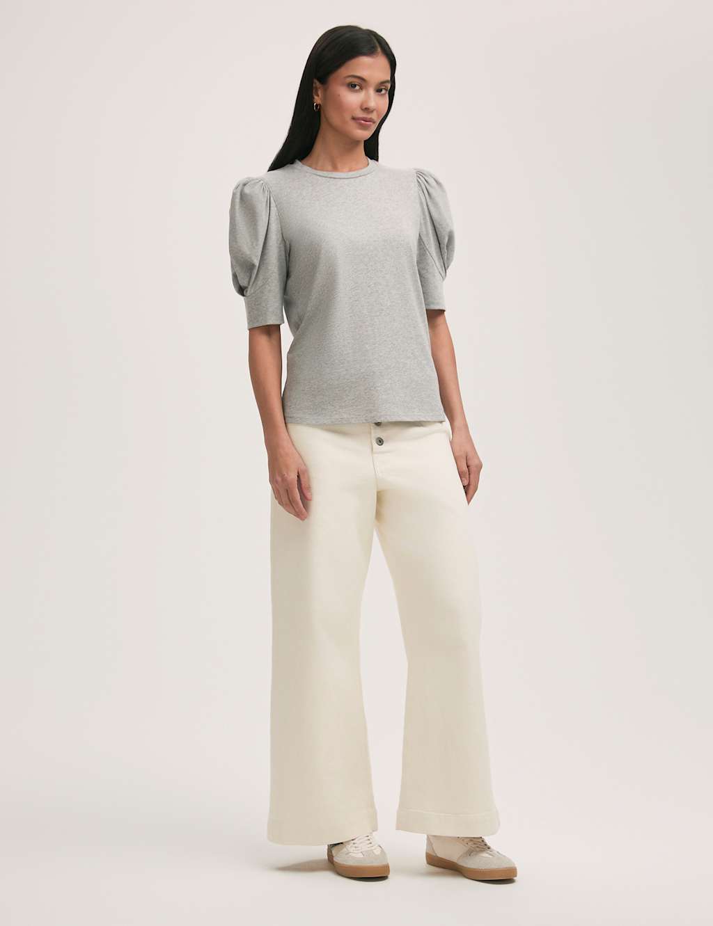 Pure Cotton Jersey Draped Puff Sleeve Top