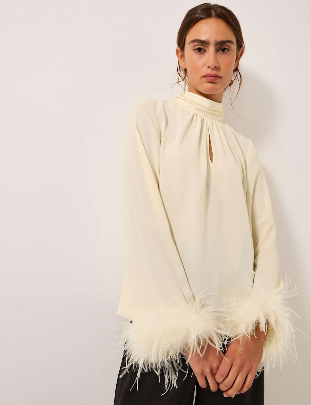 Monsoon Feather Cuff High Neck Blouse Ivory