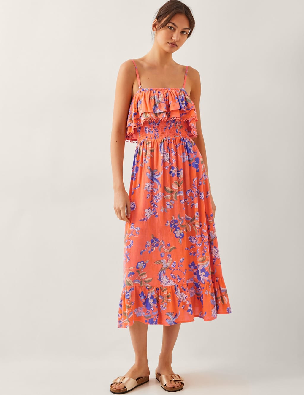 Floral Square Neck Midi Waisted Dress