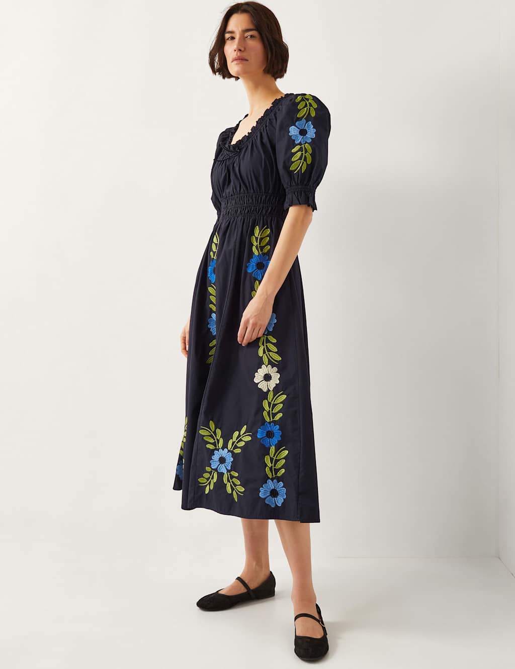 Pure Cotton Embroidered Midi Waisted Dress