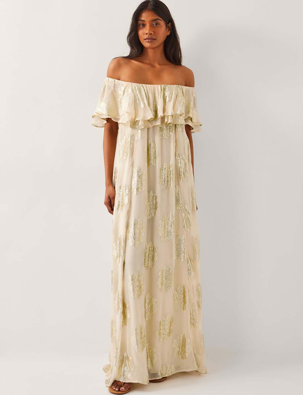 Floral Metallic Bardot Frill Maxi Dress