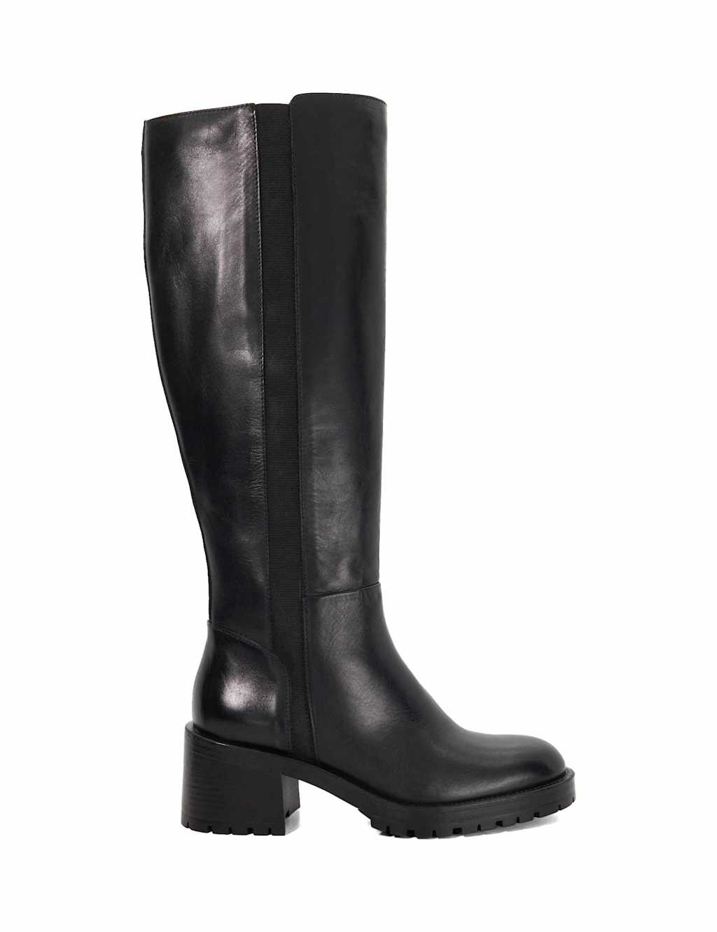 Dune London Leather Block Heel Knee High Boots Black