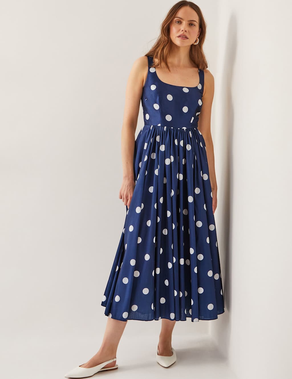 Polka Dot Square Neck Midi Waisted Dress